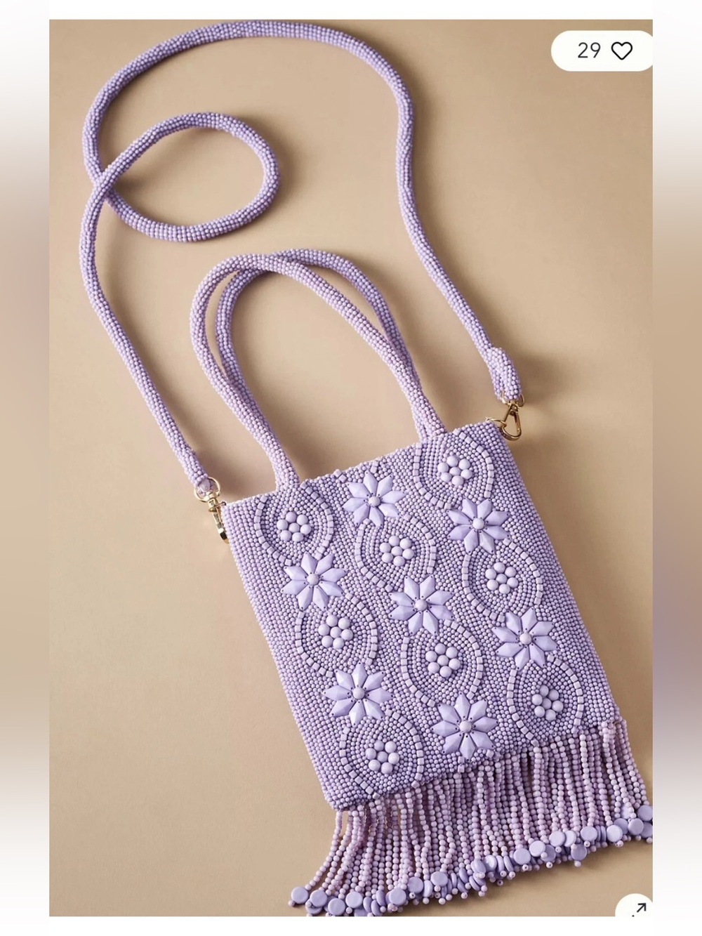 NWT Anthropologie Lilac Beaded Floral Mini Tote with Fringe lavender purple - Picture 3 of 13